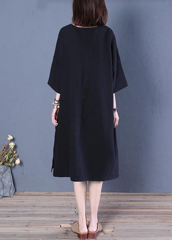 French o neck half sleeve Cotton dresses pattern black print Dress - SooLinen