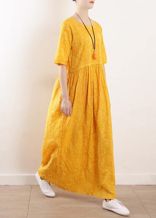 French o neck half sleeve cotton linen summer Robes yellow Dress - SooLinen