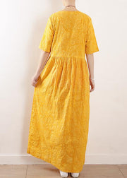 French o neck half sleeve cotton linen summer Robes yellow Dress - SooLinen