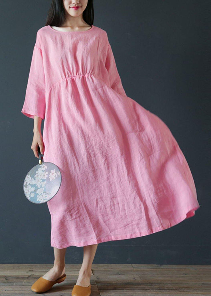 French o neck half sleeve linen outfit design pink Dress - SooLinen