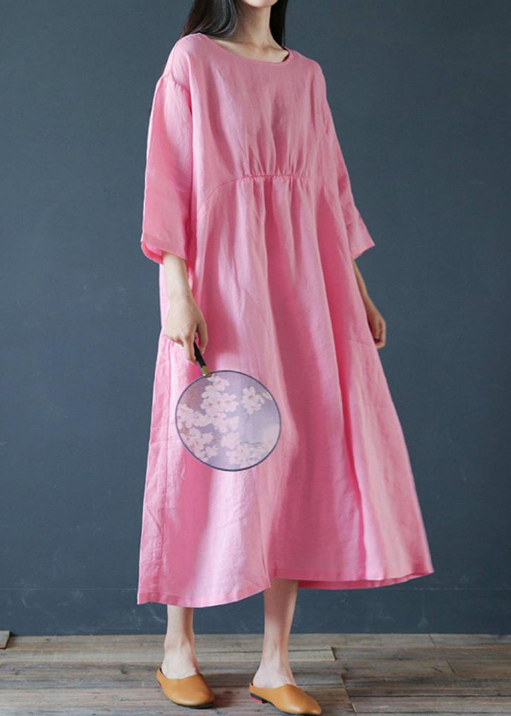 French o neck half sleeve linen outfit design pink Dress - SooLinen