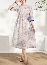French o neck half sleeve linen summer Robes Catwalk floral Dress - SooLinen