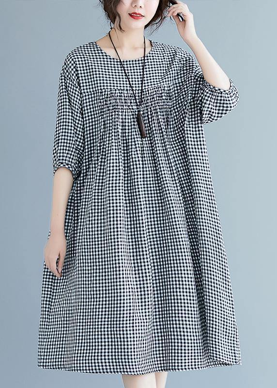 French o neck lantern sleeve clothes For Women pattern black Plaid Dresses summer - SooLinen