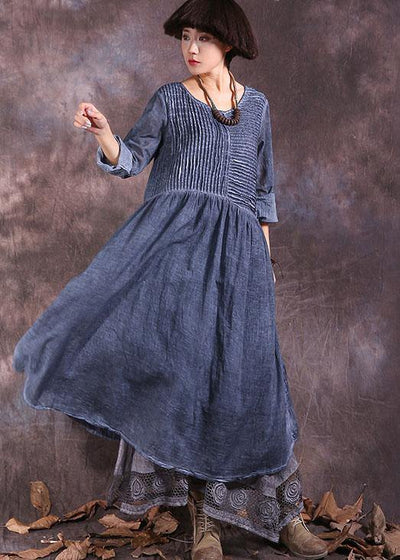 French o neck linen cotton clothes For Women Sewing blue Cinched Dresses summer - SooLinen