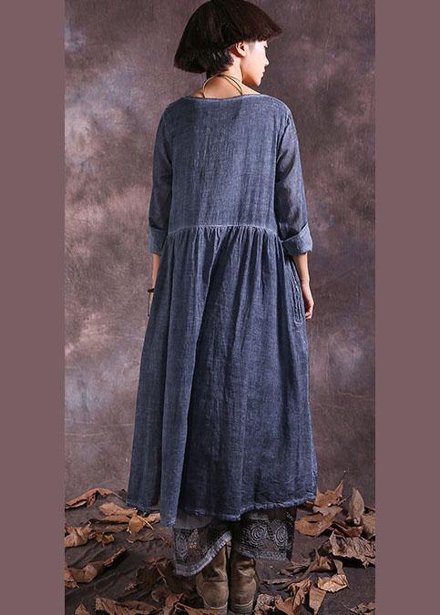 French o neck linen cotton clothes For Women Sewing blue Cinched Dresses summer - SooLinen
