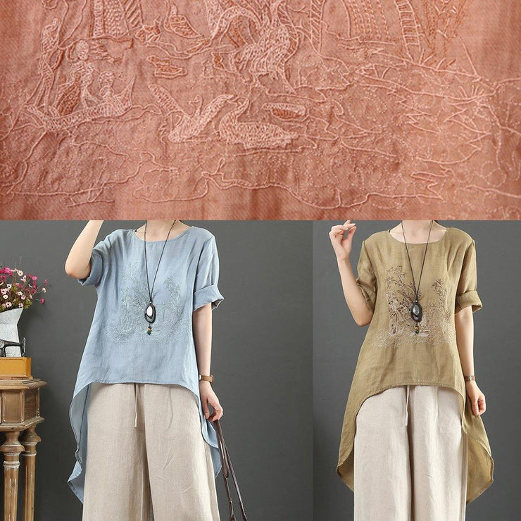French o neck low high design cotton Blouse orange embroidery short shirt - SooLinen