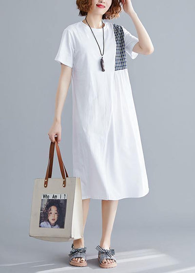 French o neck patchwork Cotton Tunics Catwalk white Dresses summer - SooLinen