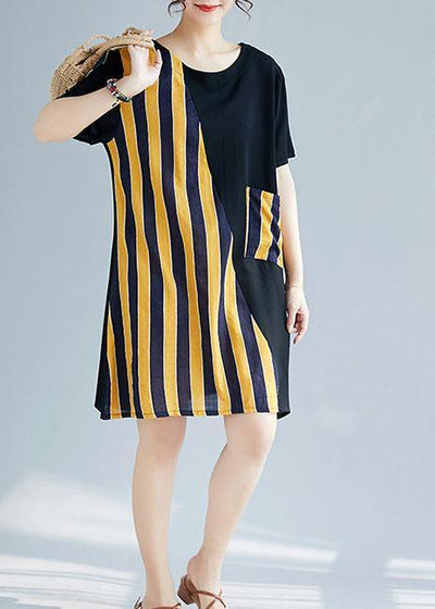 French o neck patchwork Cotton clothes Photography black yellow striped Dresses summer - SooLinen