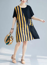 French o neck patchwork Cotton clothes Photography black yellow striped Dresses summer - SooLinen