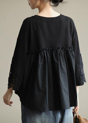 French o neck patchwork fall box top Fabrics black blouse - SooLinen