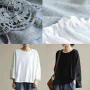 French o neck patchwork fall box top Fabrics black blouse - SooLinen