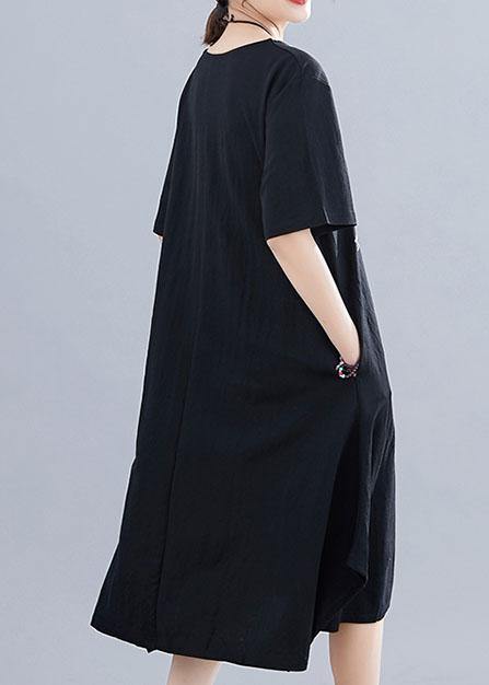 French o neck pockets Cotton clothes Women black print Dresses summer - SooLinen