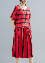 French o neck pockets Cotton dresses Boho Shape red striped shift Dresses Summer - SooLinen