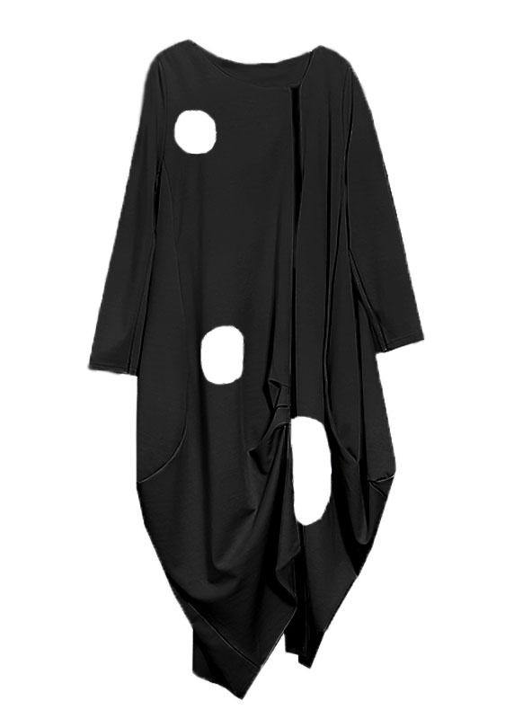 French o neck pockets cotton clothes Tunic Tops black dotted long Dress - SooLinen