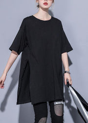 French o neck side open cotton tops Photography black blouse summer - SooLinen