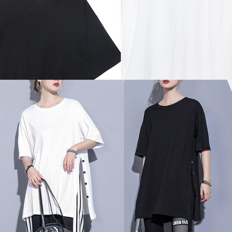 French o neck side open cotton tops Photography black blouse summer - SooLinen
