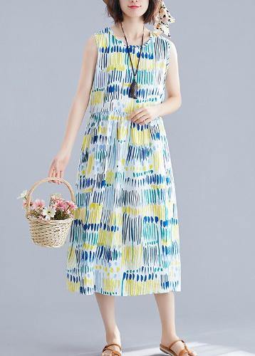 French o neck sleeveless Cotton clothes For Women Inspiration blue striped Dresses - SooLinen