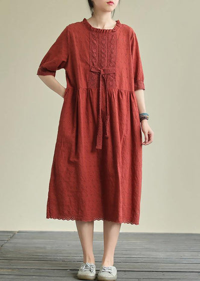 French o neck tie waist cotton summer clothes Neckline red Maxi Dresses - SooLinen
