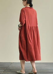 French o neck tie waist cotton summer clothes Neckline red Maxi Dresses - SooLinen