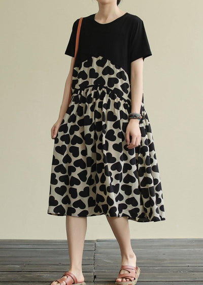 French o neck Cinched Cotton clothes For Women Runway black print Dress - SooLinen