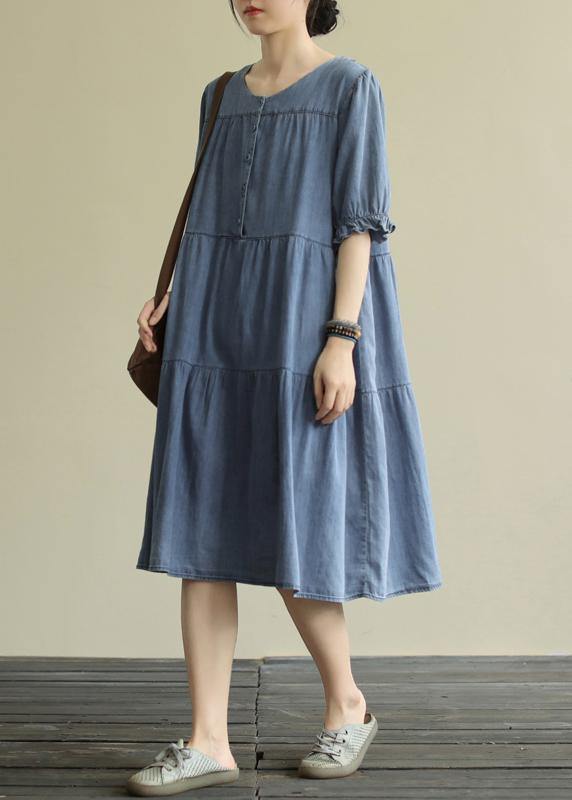 French o neck Cinched Cotton summer quilting clothes Wardrobes blue Dresses - SooLinen