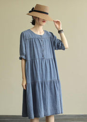French o neck Cinched Cotton summer quilting clothes Wardrobes blue Dresses - SooLinen