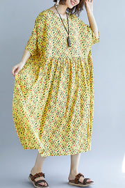 French o neck Cinched cotton dress 2019 design yellow print A Line Dresses Summer