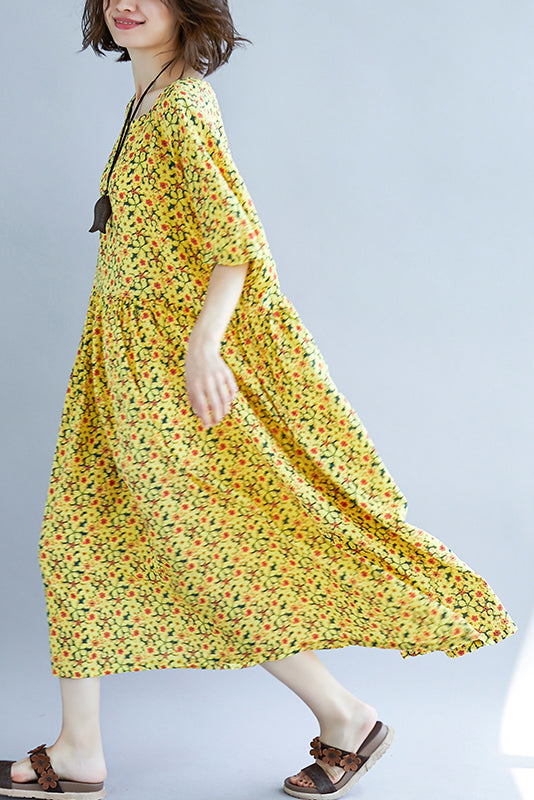 French o neck Cinched cotton dress 2019 design yellow print A Line Dresses Summer