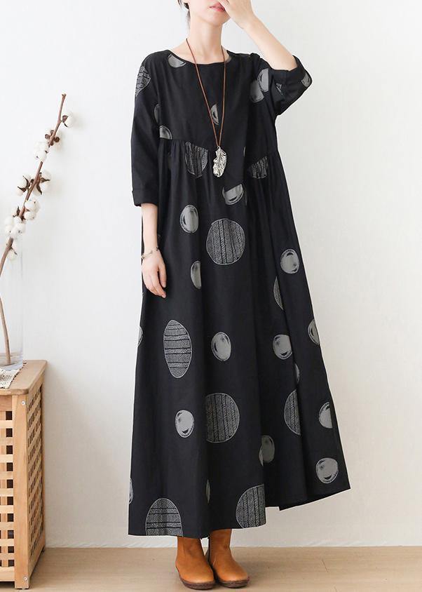 French o neck Cinched dresses Neckline black dotted Maxi Dress - SooLinen