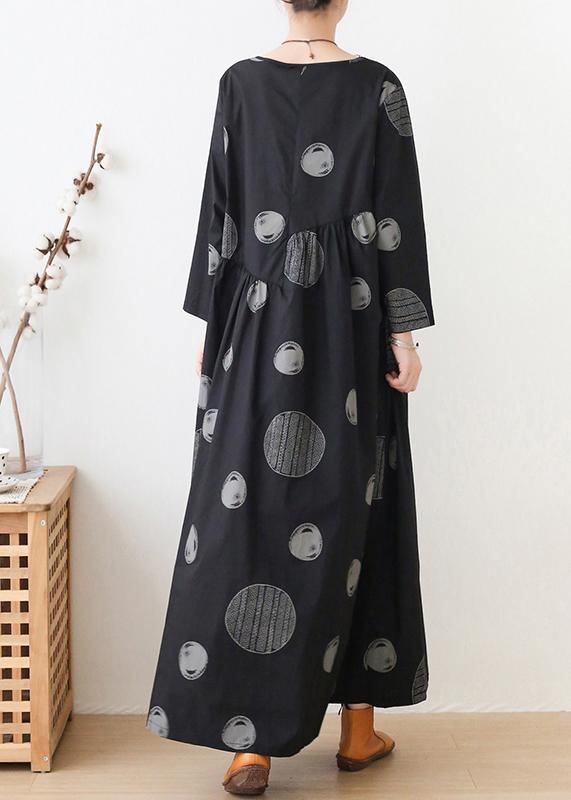 French o neck Cinched dresses Neckline black dotted Maxi Dress - SooLinen