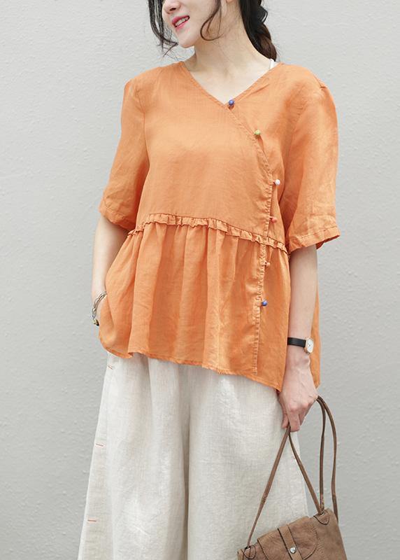 French orange linen clothes o neck Cinched Knee blouse - SooLinen