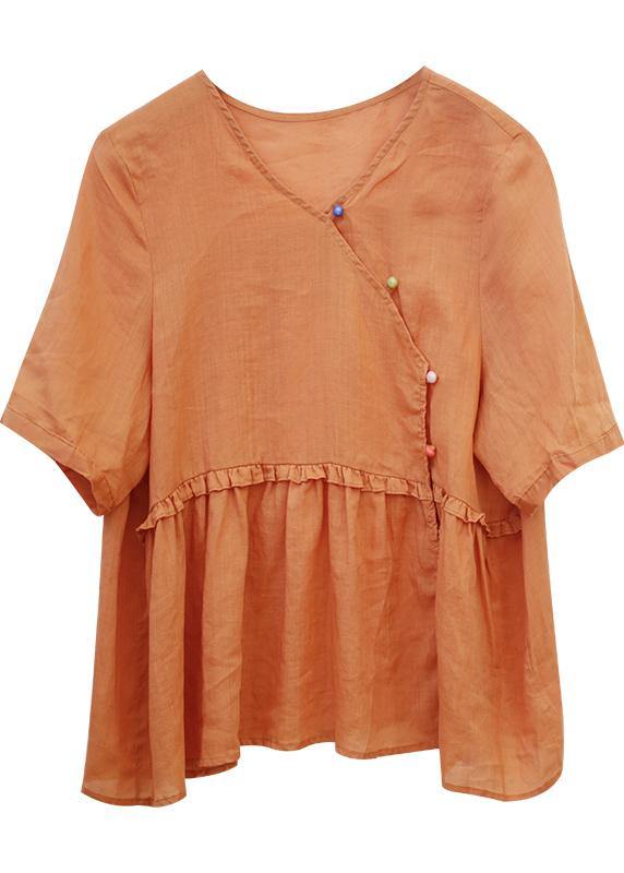 French orange linen clothes o neck Cinched Knee blouse - SooLinen
