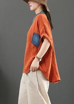 French orange linen tops women v neck pockets silhouette shirt - SooLinen