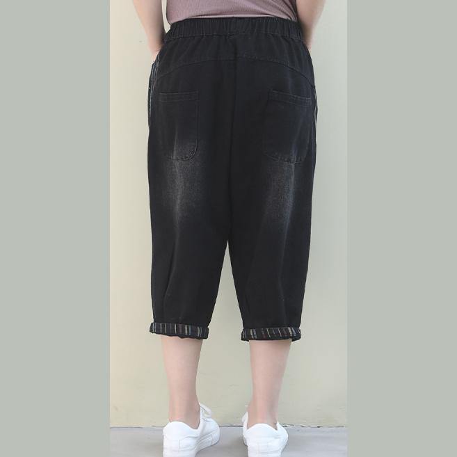 French pants plus size denim black elastic waist pockets pants - SooLinen