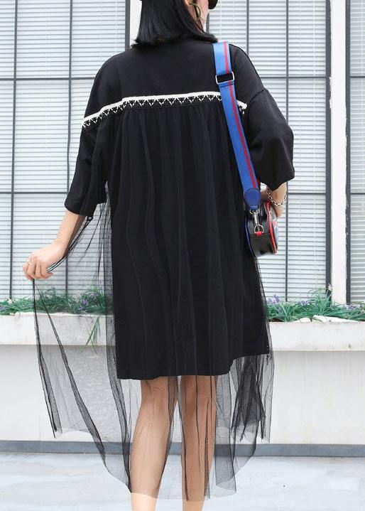 French patchwork Cotton tunic dress Shirts black prints Dresses summer - SooLinen