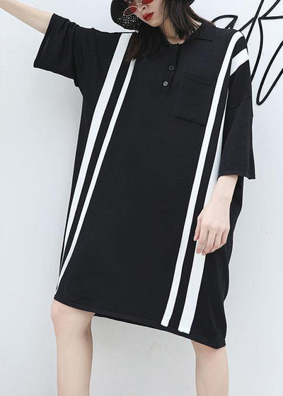 French patchwork big pockets Cotton clothes For Women Neckline black Dress summer - SooLinen