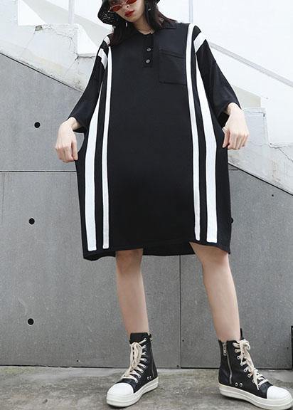 French patchwork big pockets Cotton clothes For Women Neckline black Dress summer - SooLinen