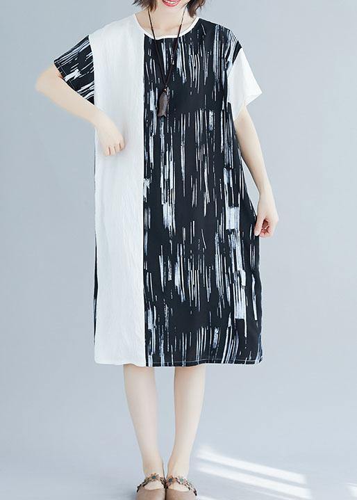 French patchwork cotton linen clothes Women pattern black Dresses summer - SooLinen
