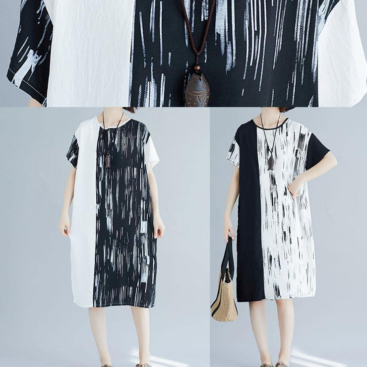 French patchwork cotton linen clothes Women pattern black Dresses summer - SooLinen