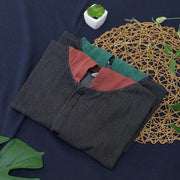 French patchwork cotton summer Blouse Neckline green hooded tops - SooLinen