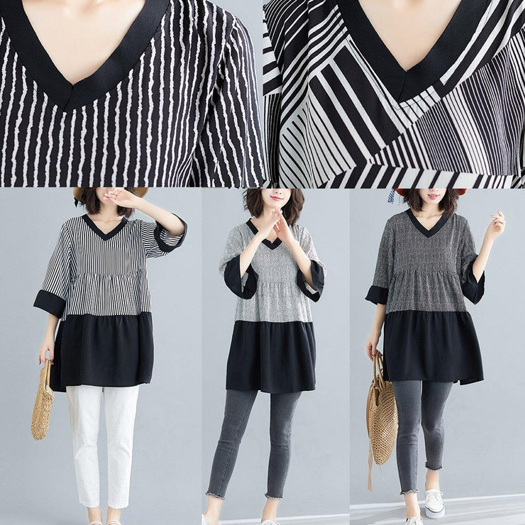 French patchwork flare sleeve chiffon clothes black striped loose Dresses Summer - SooLinen