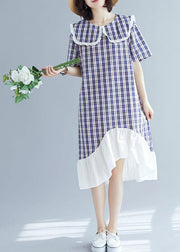 French patchwork ruffles linen clothes Outfits blue plaid Dresses summer - SooLinen