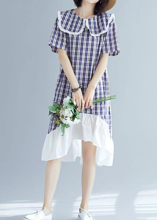 French patchwork ruffles linen clothes Outfits blue plaid Dresses summer - SooLinen