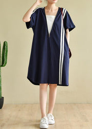 French patchwork zippered clothes Tunic Tops navy Dress - SooLinen