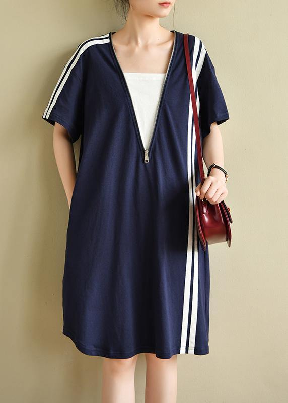 French patchwork zippered clothes Tunic Tops navy Dress - SooLinen
