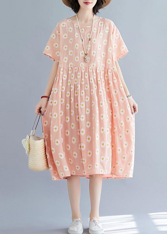 French pink Daisy print outfit o neck daily summer Dresses - SooLinen