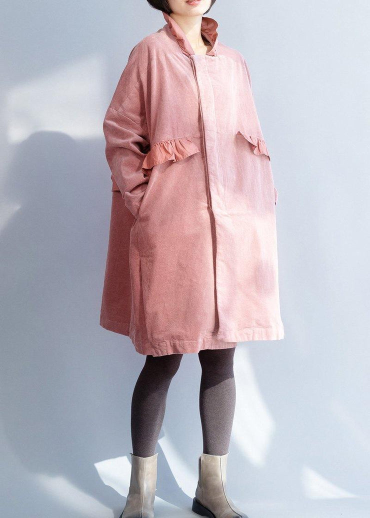 French pink Fashion trench coat Sewing side open ruffles collar jackets - SooLinen
