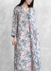 French pink blue print quilting dresses v neck asymmetric Dresses - SooLinen