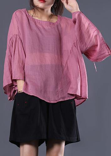 French pink linen tunic top ruffles sleeve daily summer tops - SooLinen