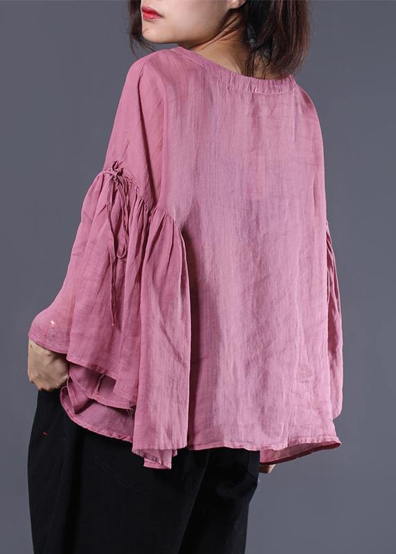 French pink linen tunic top ruffles sleeve daily summer tops - SooLinen